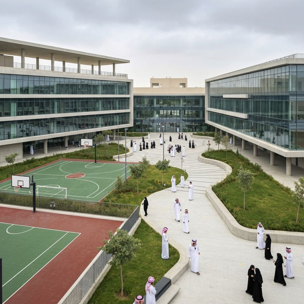 Modern school building in Saudi Arabia with students